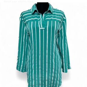 VAN HEUSEN  Teal Striped Button Down 3/4 Sleeves Shirt XL Exellent Condition